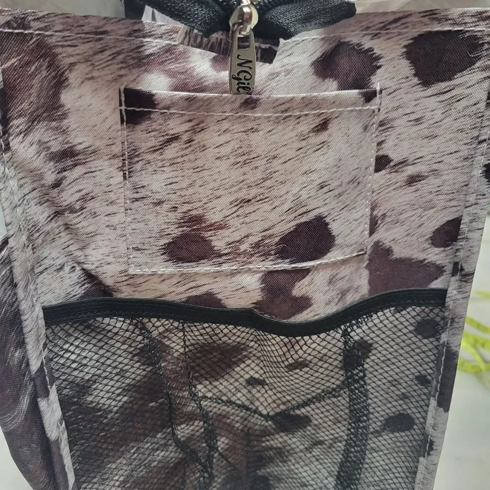NGIL Women's White Brown Cow Print Zippered Lined Caddy Organizer Tote Bag